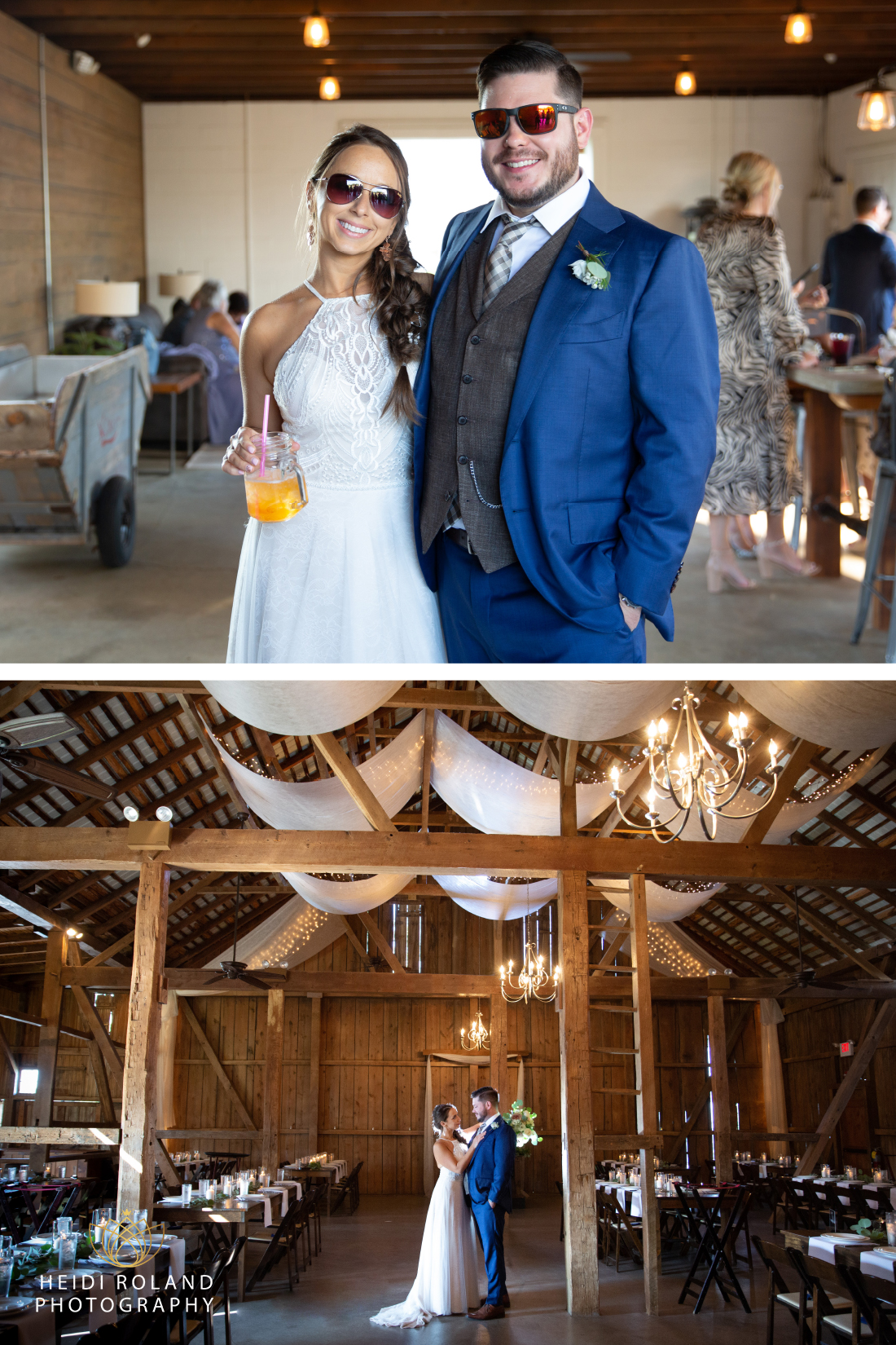 bride and groom with sunglasses inside empty Stoltzfus wedding venue reception barn