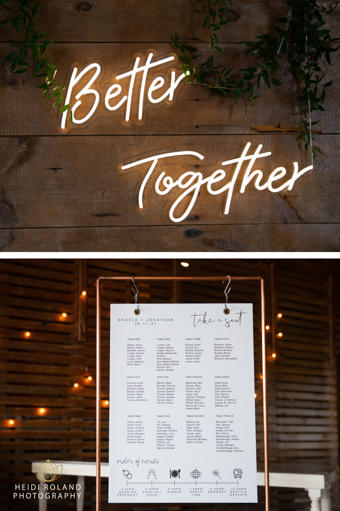 better together neon sign and modern wedding seating chart