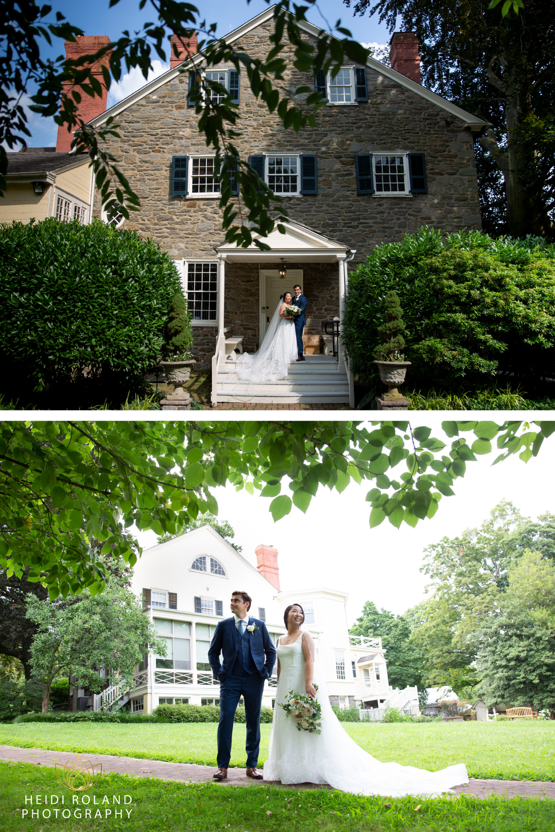 bride and groom in front of The Ridgeland Mansion wedding venue Philadelphia