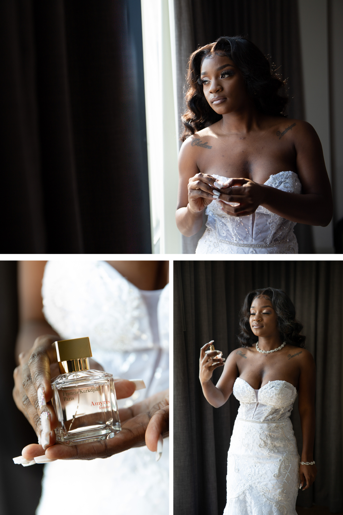 bride putting on earrings and perfume 