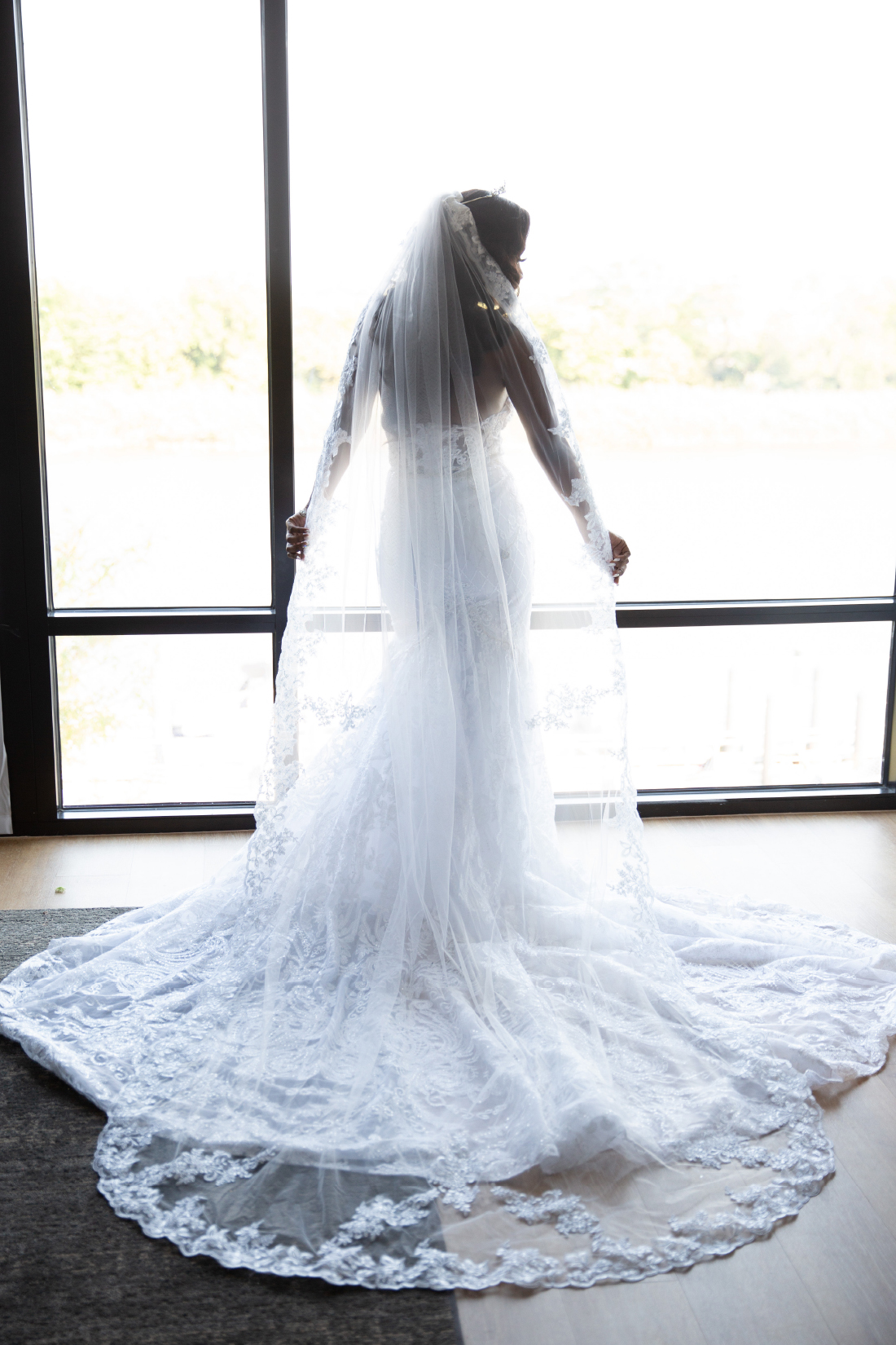 bride with long veil in window