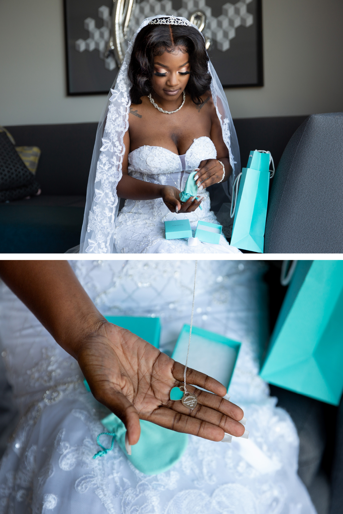bride opening gift on her wedding day