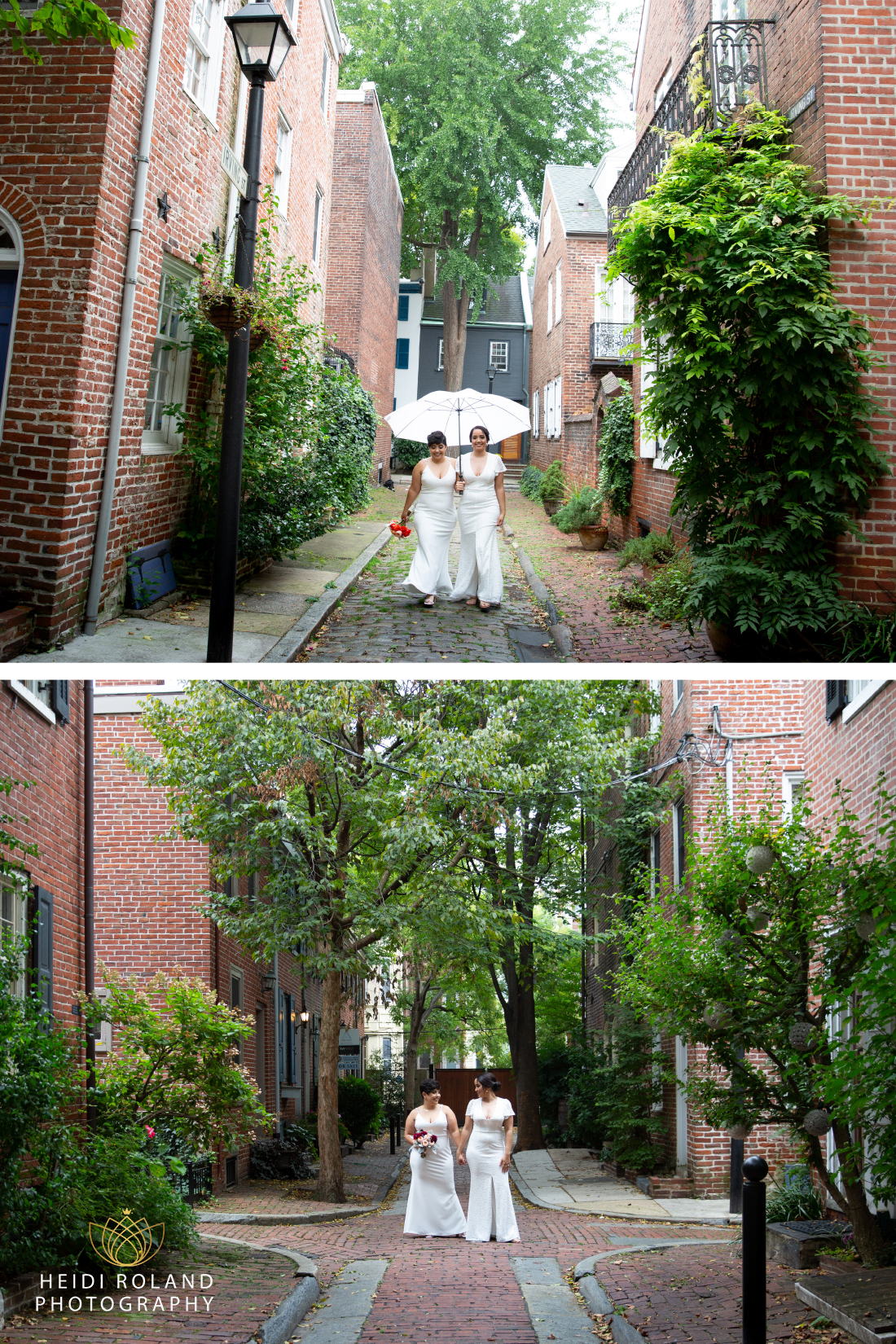 bride and brie on cobblestone street in Philadelphia