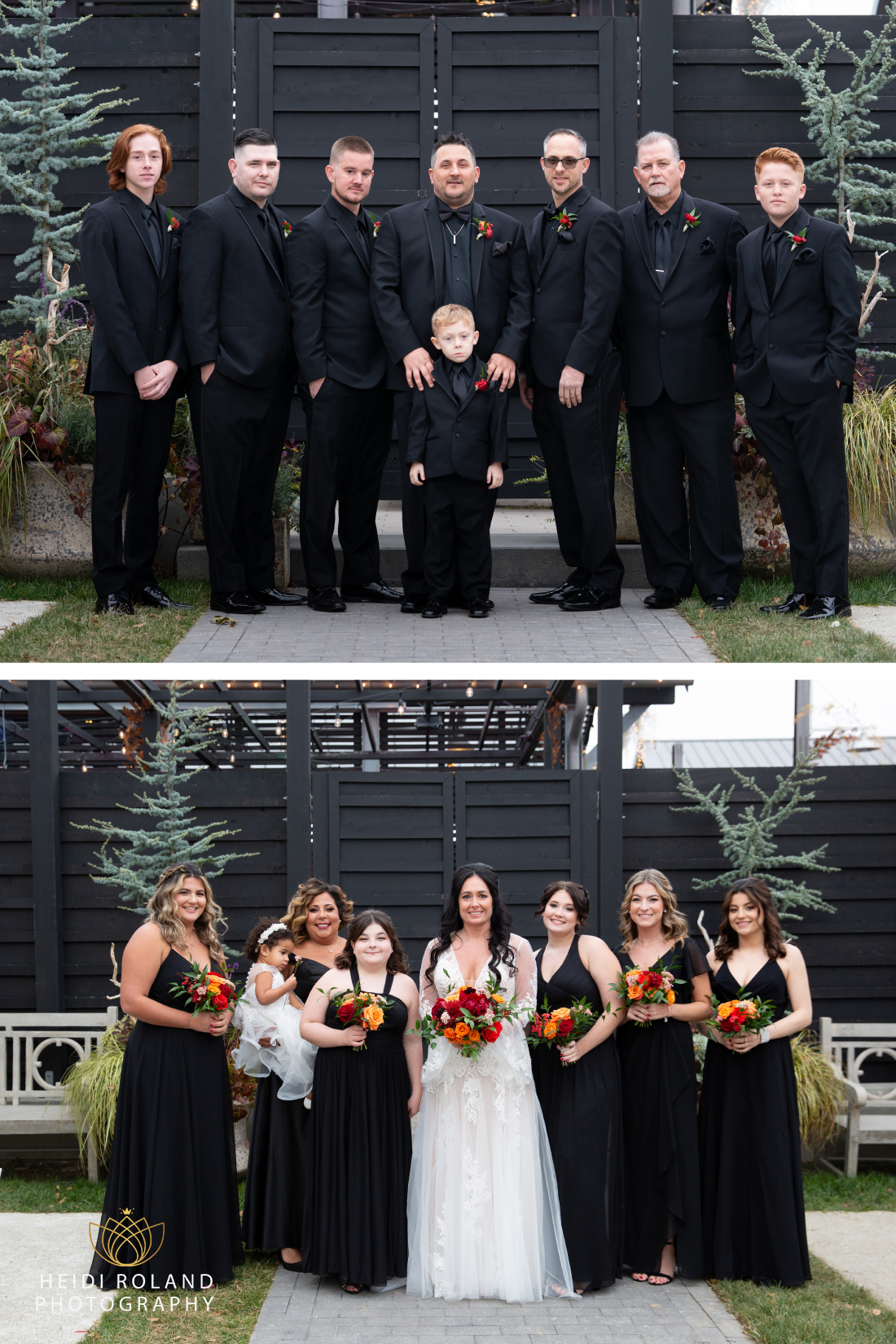bridesmaids and groomsmen in all black outside winter wedding