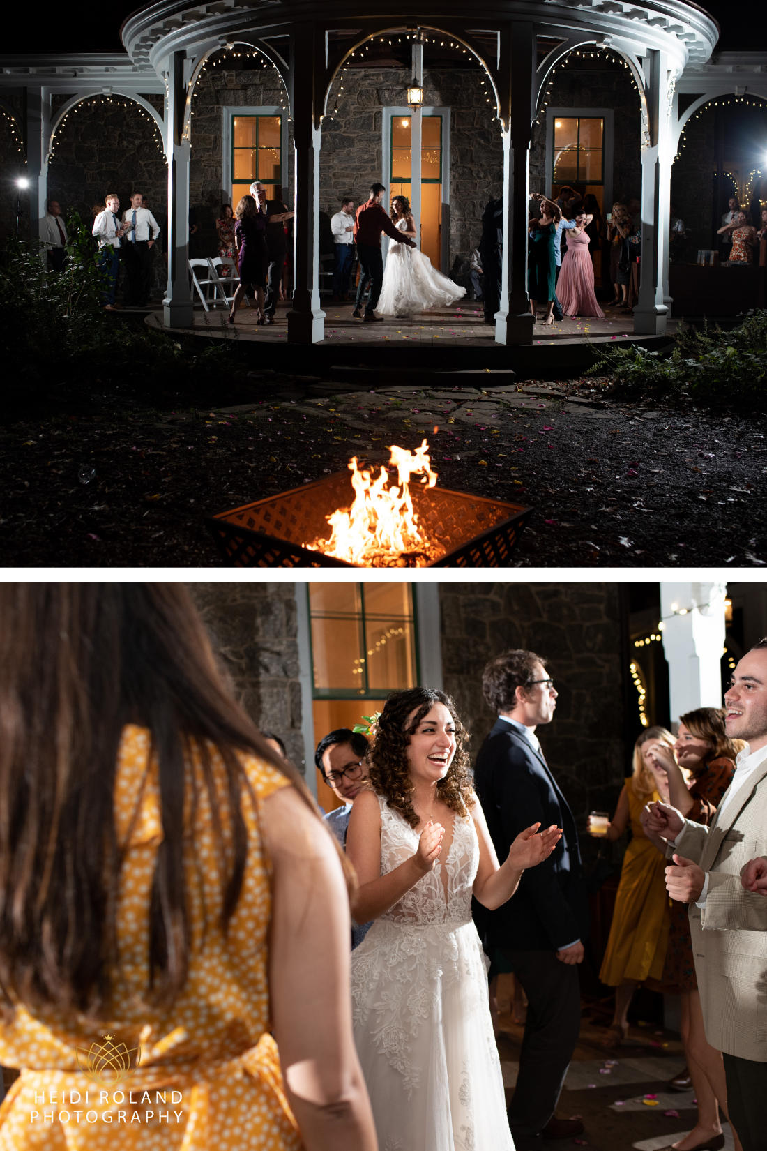 guests dancing on porch at Portico Wedding