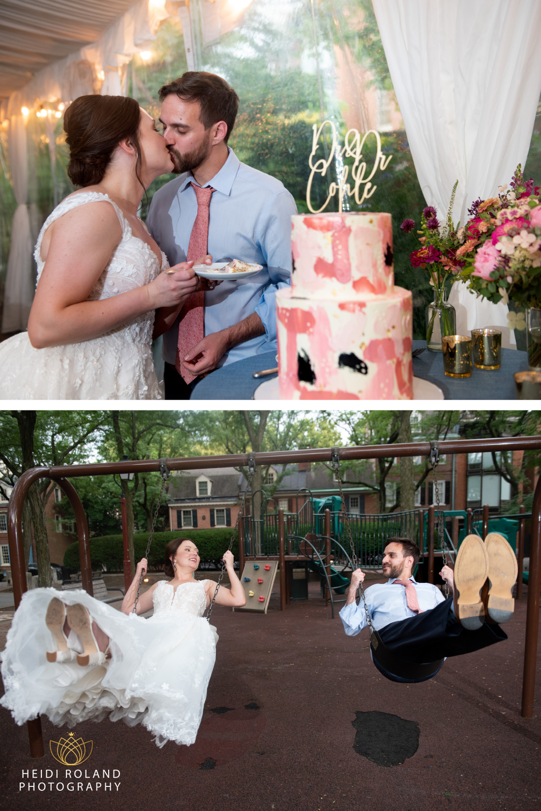 bride and groom on swing set during wedding in philadelphia