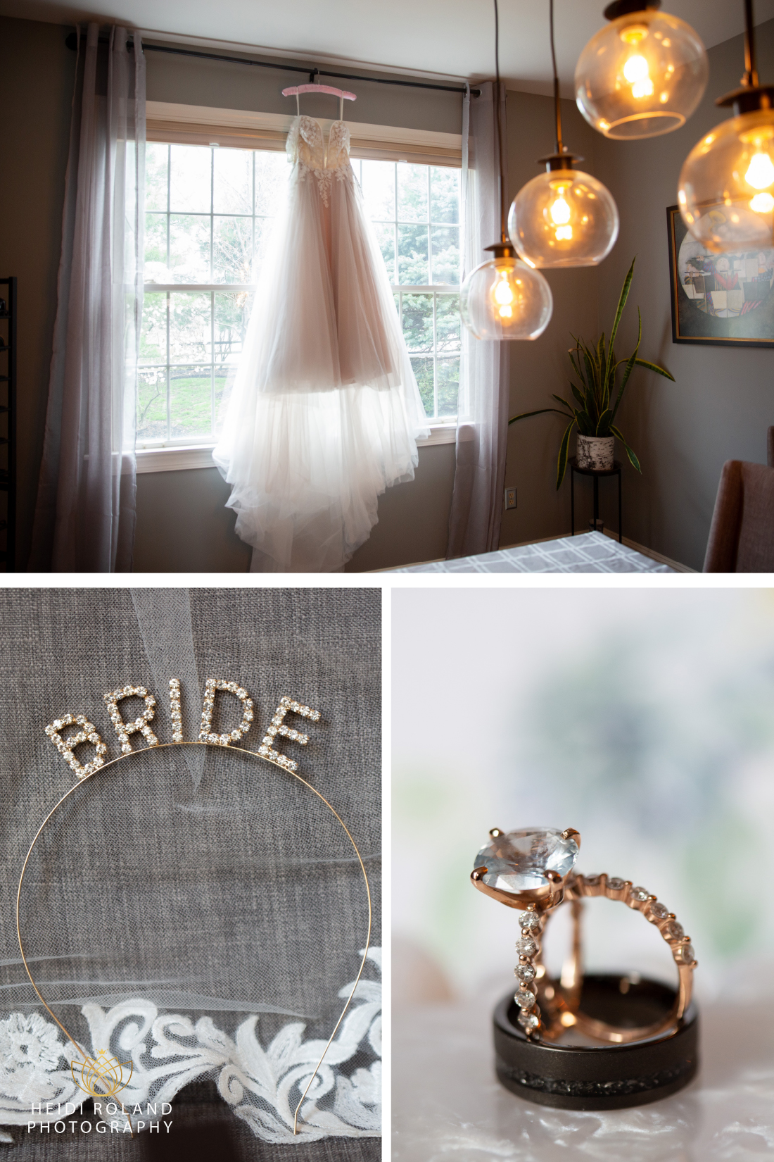 Bridal details with wedding dress, bride tiara and wedding rings