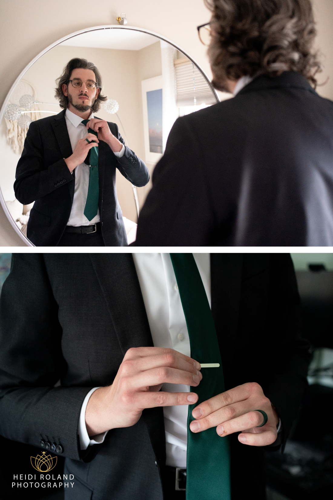 getting ready photos of groom with emerald green tie looking in mirror