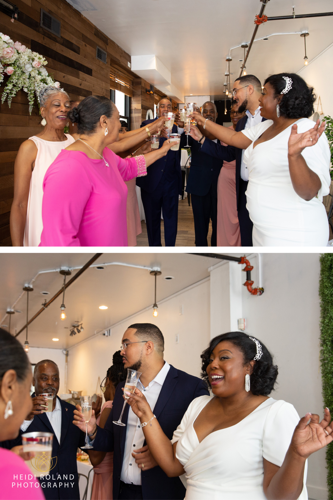 bride and groom champagne toast at Old City Social by Heidi Roland photography