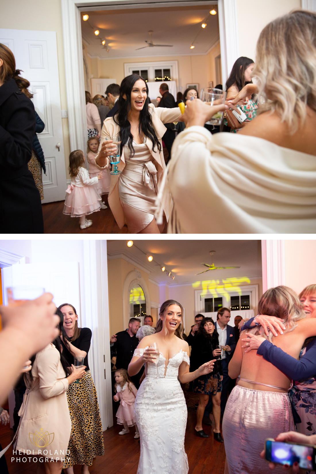 bride and family dancing in Frances Cope House during wedding reception