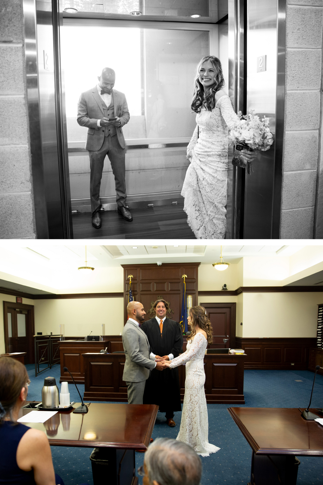 bride and groom on elevator