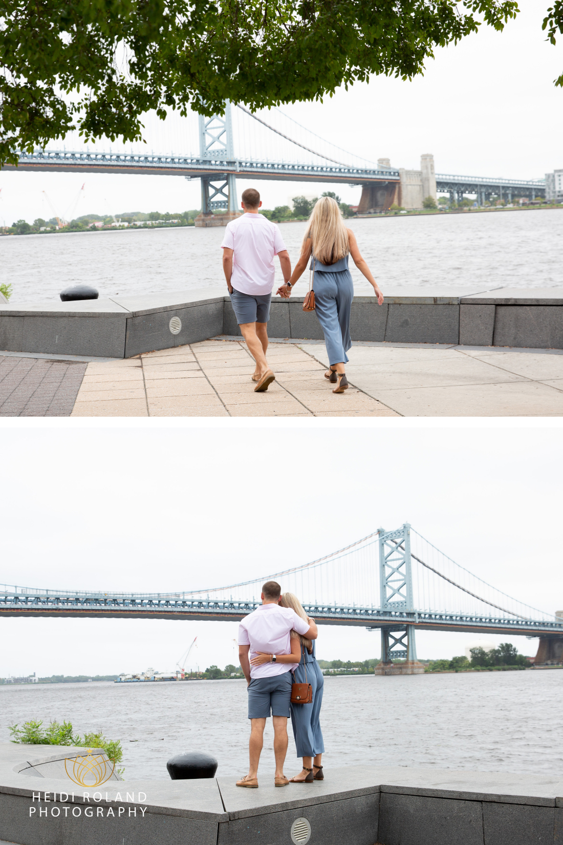 Man and woman walking near the Delaware River in Philadelphia before proposal