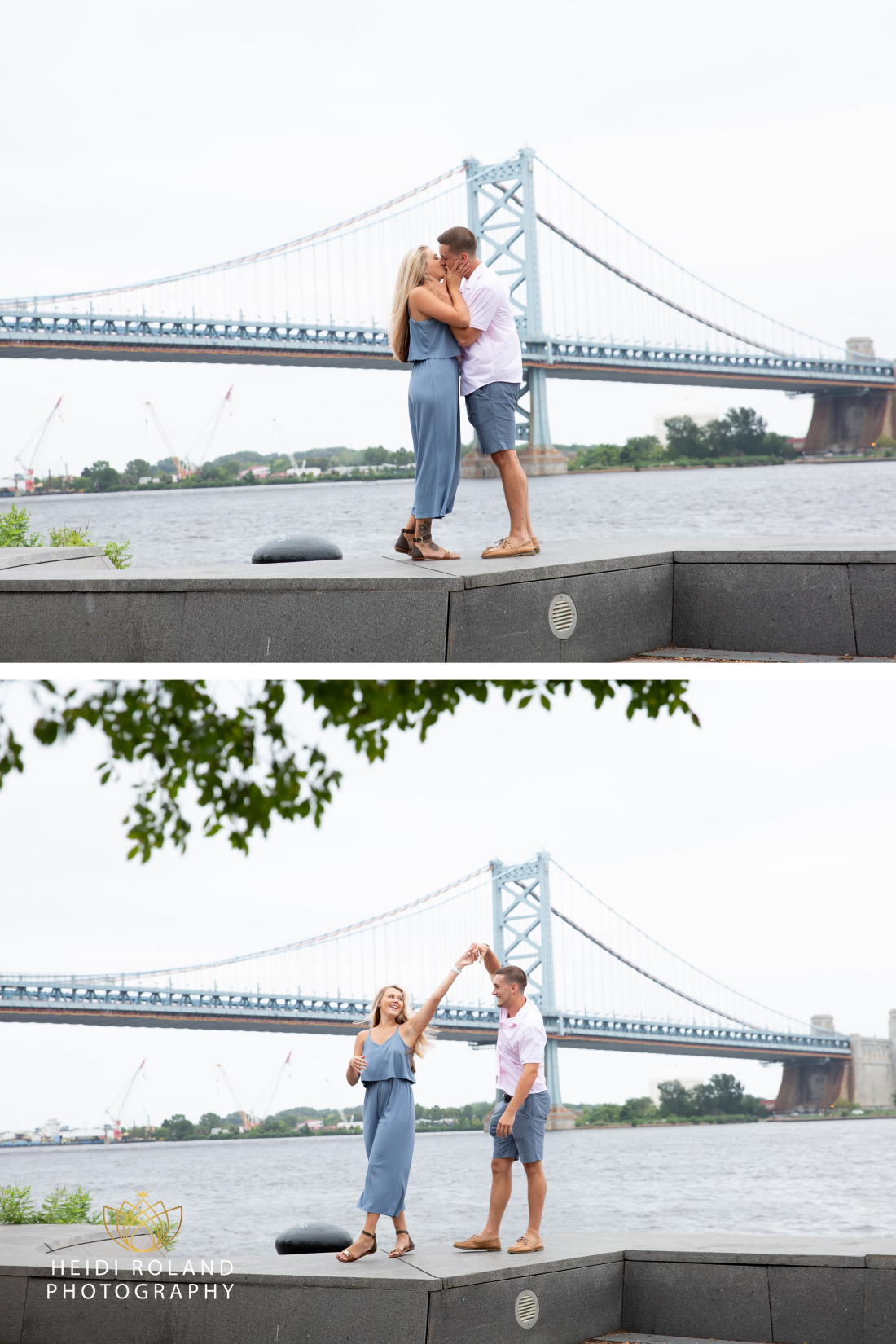 Man and woman kissing near Ben Franklin Bridge after Philadelphia Proposal by Heidi Roland Photography