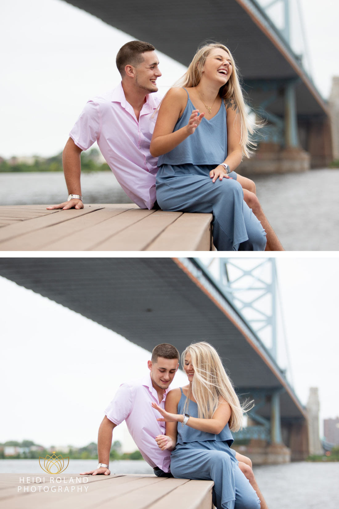Engaged couple laughing while sitting at Race Street Pier in Philadelphia