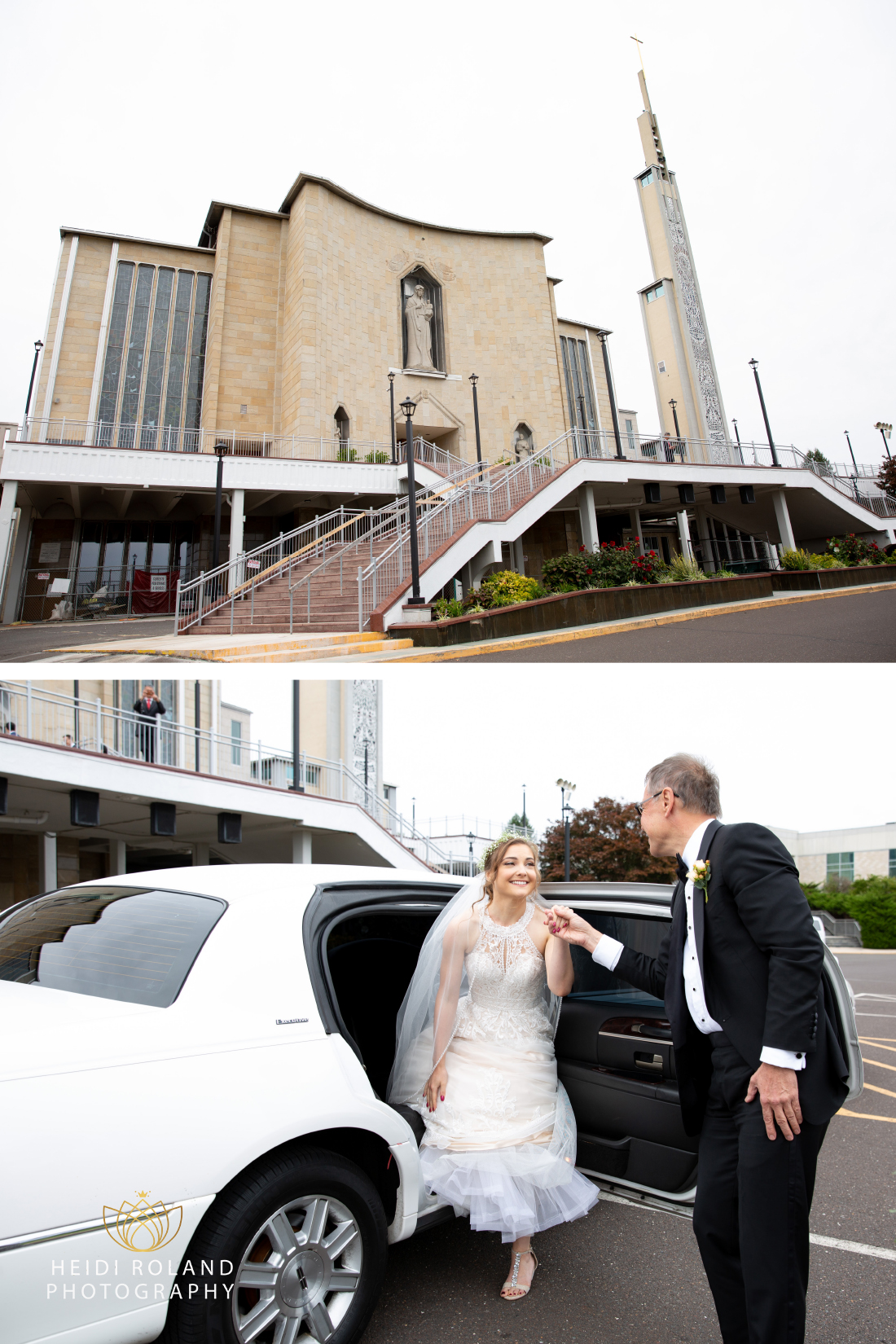 Bride getting out of limo with help from father before wedding ceremony