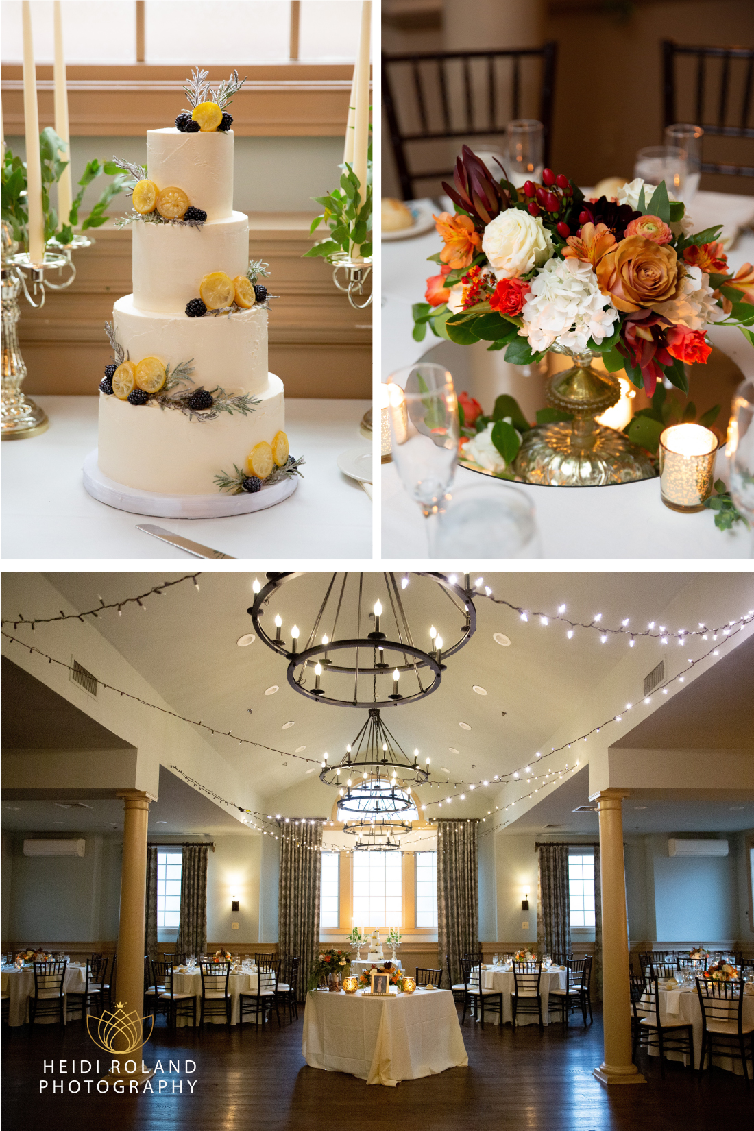 Wedding cake and floral arrangement for wedding reception at Joseph Ambler Inn