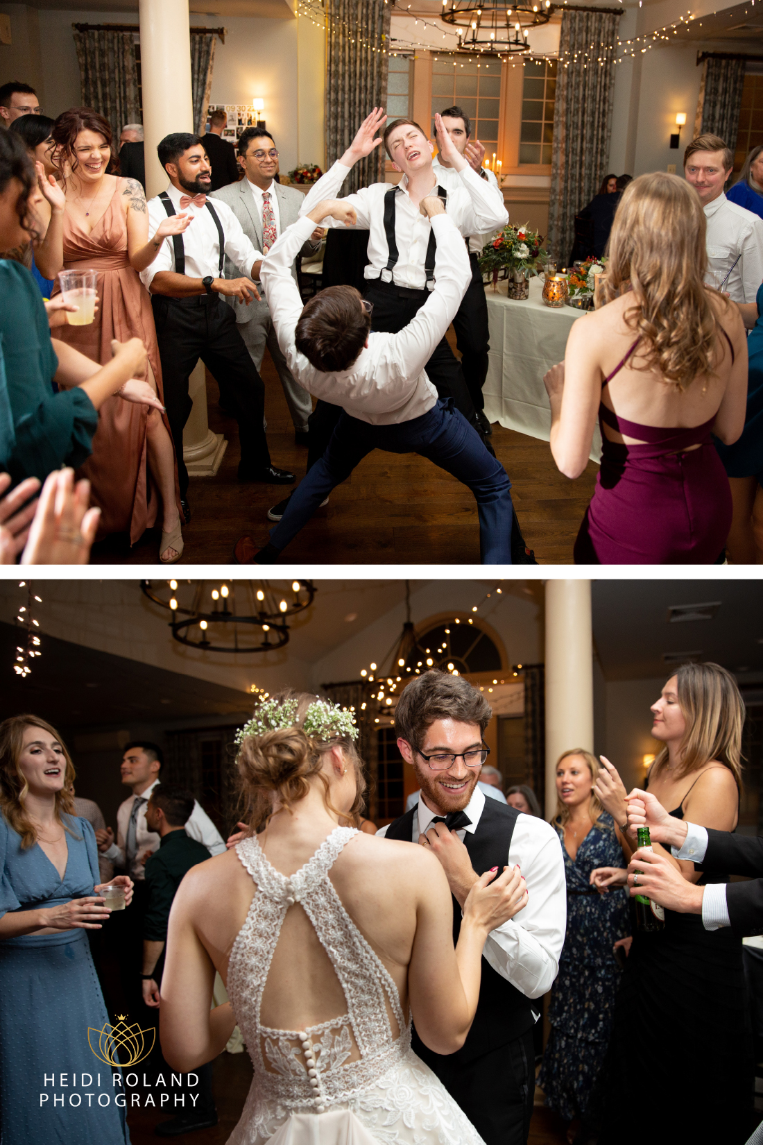 Bride and groom dancing with their guests at Joseph Ambler Inn wedding reception
