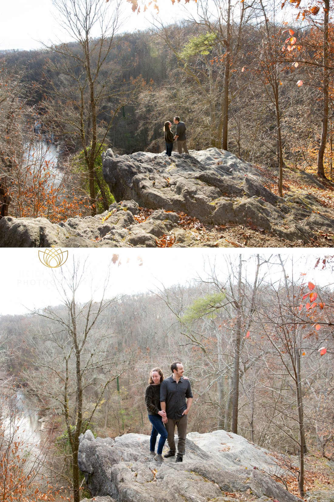 Engaged couple standing on rock in Wissahickon Valley Park