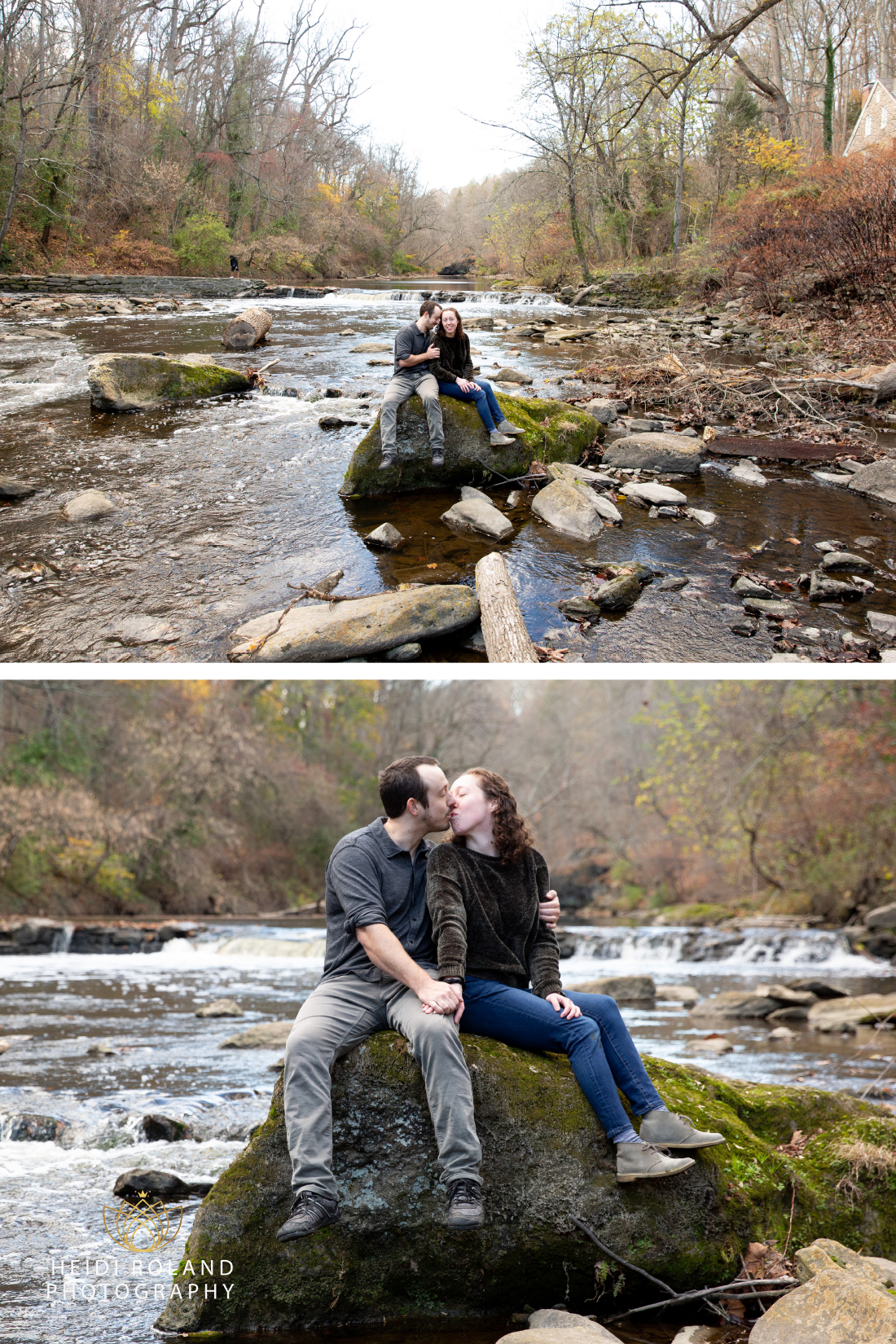 Engaged couple sitting on rock kissing in wissahickon valley park 