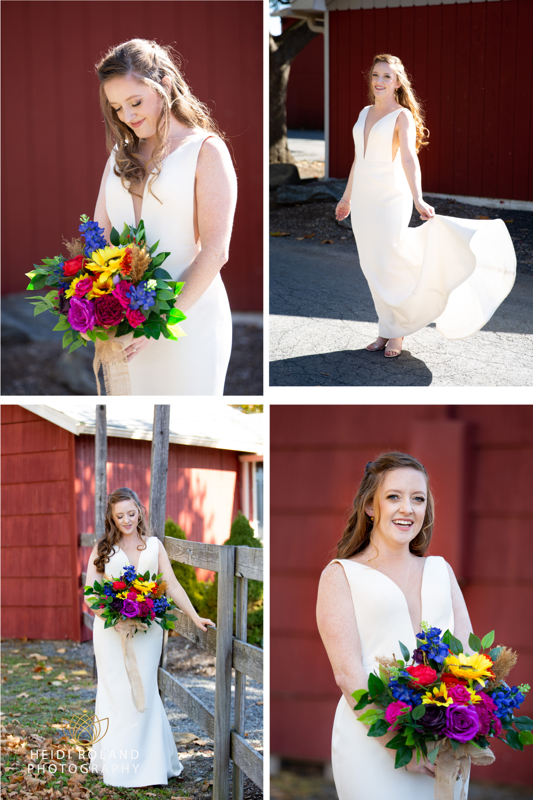 Bride in her wedding dress with a bright colored flower bouquet outside of red barn in Mount Pocono PA 
