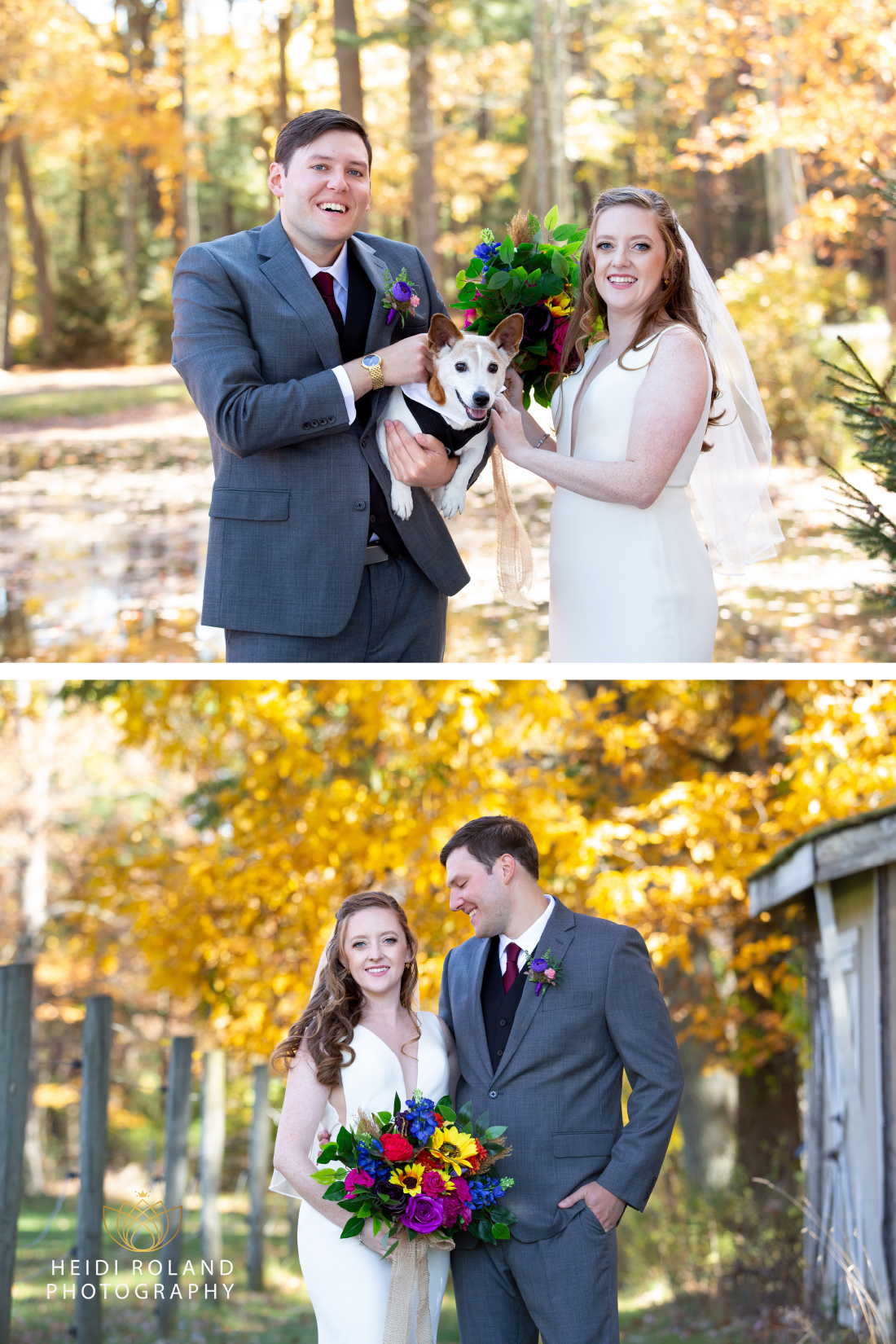 Bride and groom with their dog at their fall wedding in Mount Pocono PA