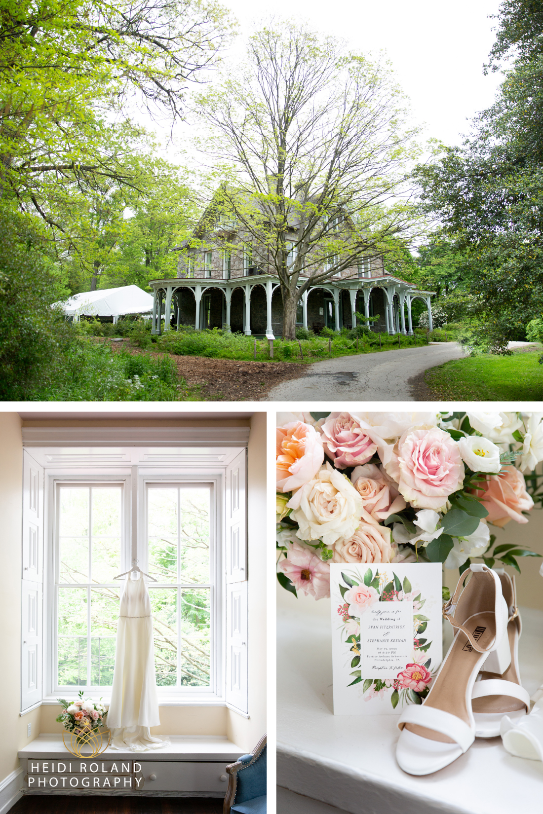 Portico at Awbury Arboretum in philadelphia and wedding dress and flowers by the windows inside