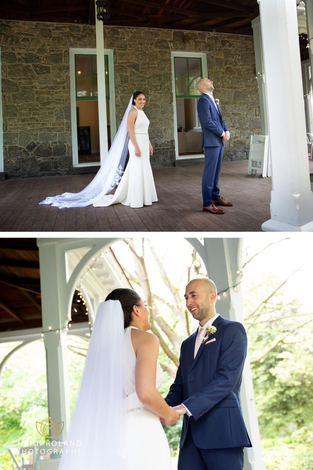 Bride and Groom first look on the porch of Portico at Awbury Arboretum in Philadelphia