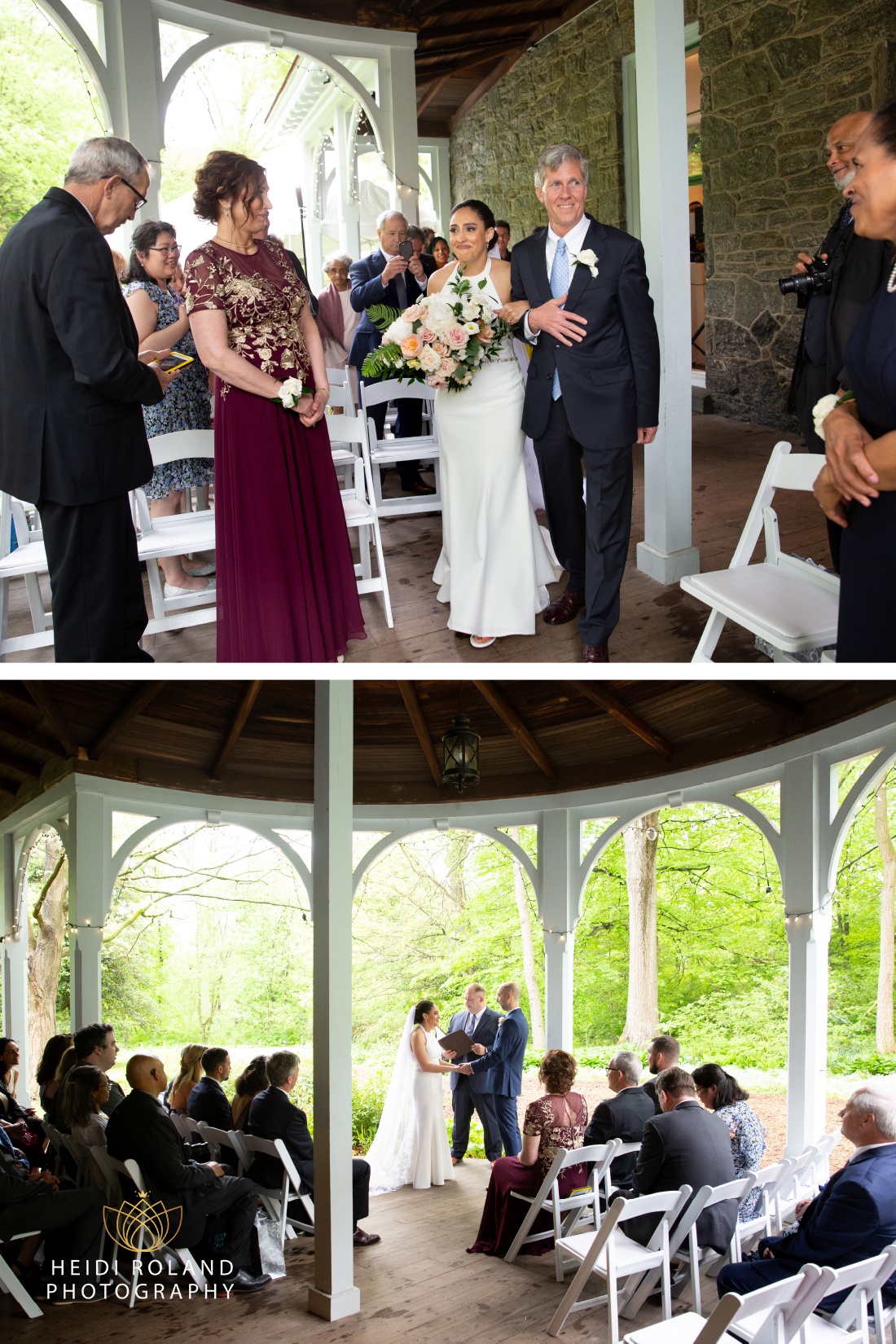 Father walking the bride down the aisle on the porch of portico at awbury arboretum by Heidi Roland Photography
