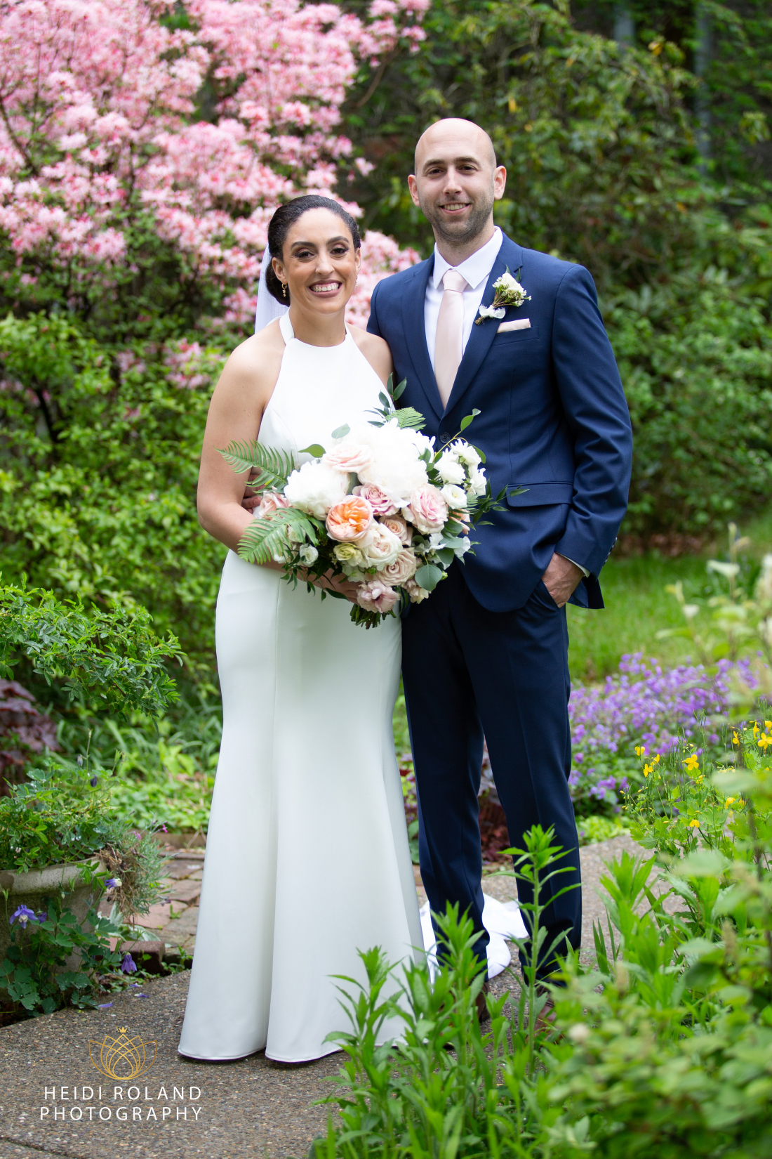 Bride and groom in the Portico garden at Awbury Arboretum in Philadelphia