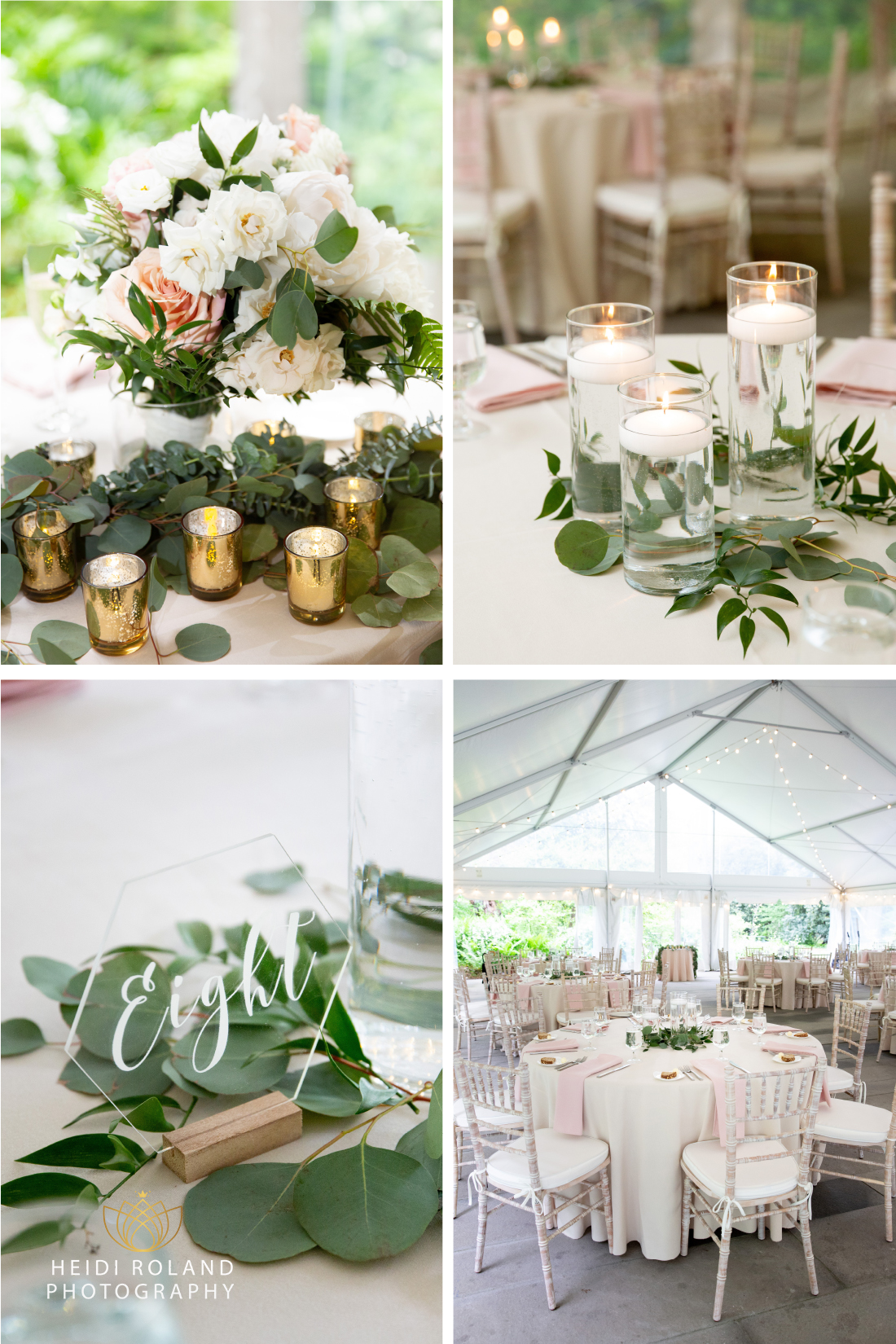 floral accent decorations at the tented wedding reception of portico awbury arboretum 