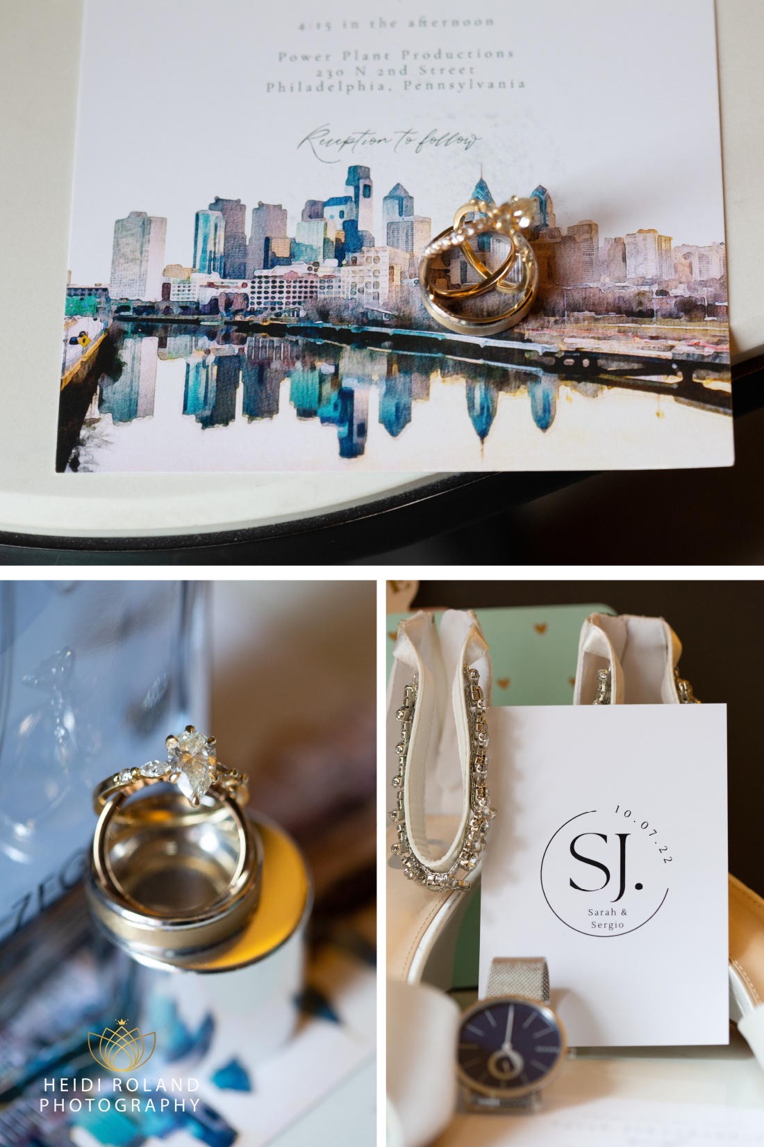 wedding details of rings and wedding invitation with a watercolor painting of the philadelphia skyline