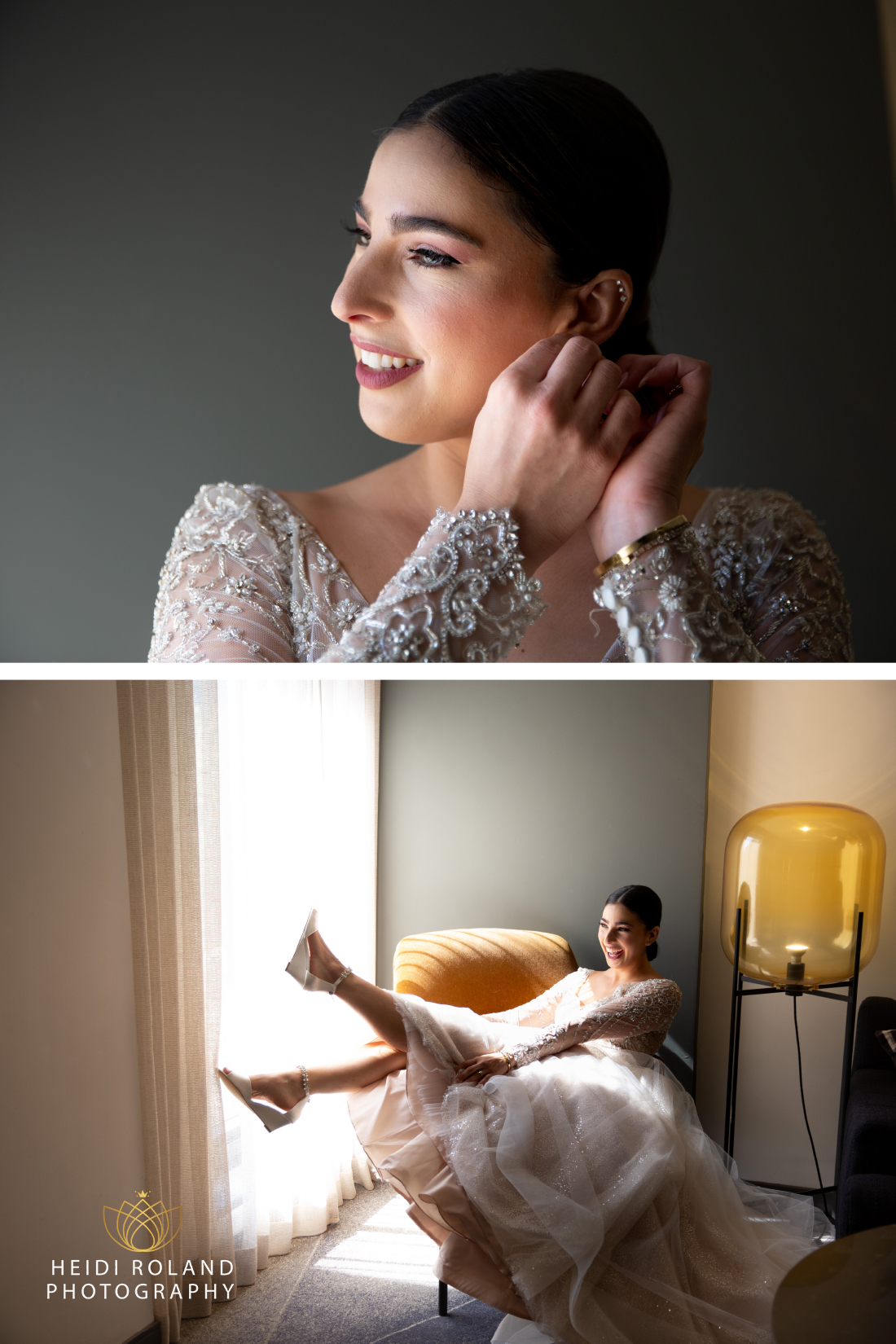 Bride having fun on wedding day while putting on her earrings and shoes