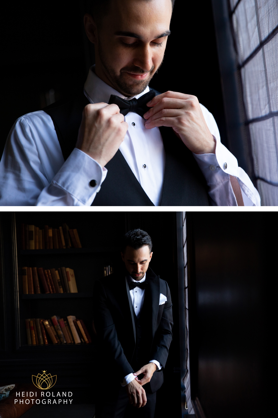 Groom putting on bowtie and jacket for wedding day in Philadelphia Marriott in Old City