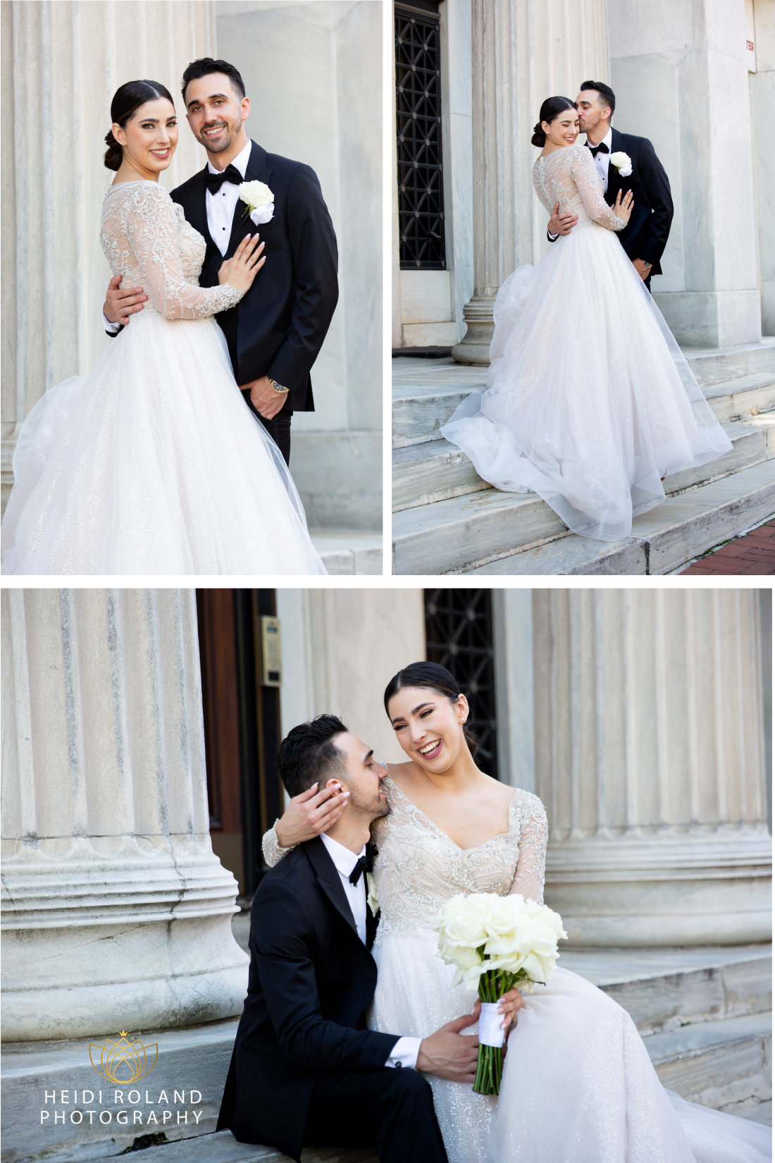 Bride and groom portraits in front of marble columns by Heidi Roland Photography