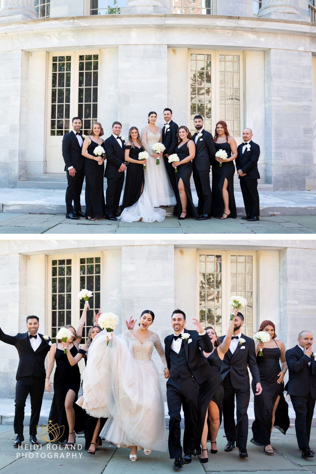 Bride and groom with their wedding party outside the merchant exchange building in Old City Philadelphia