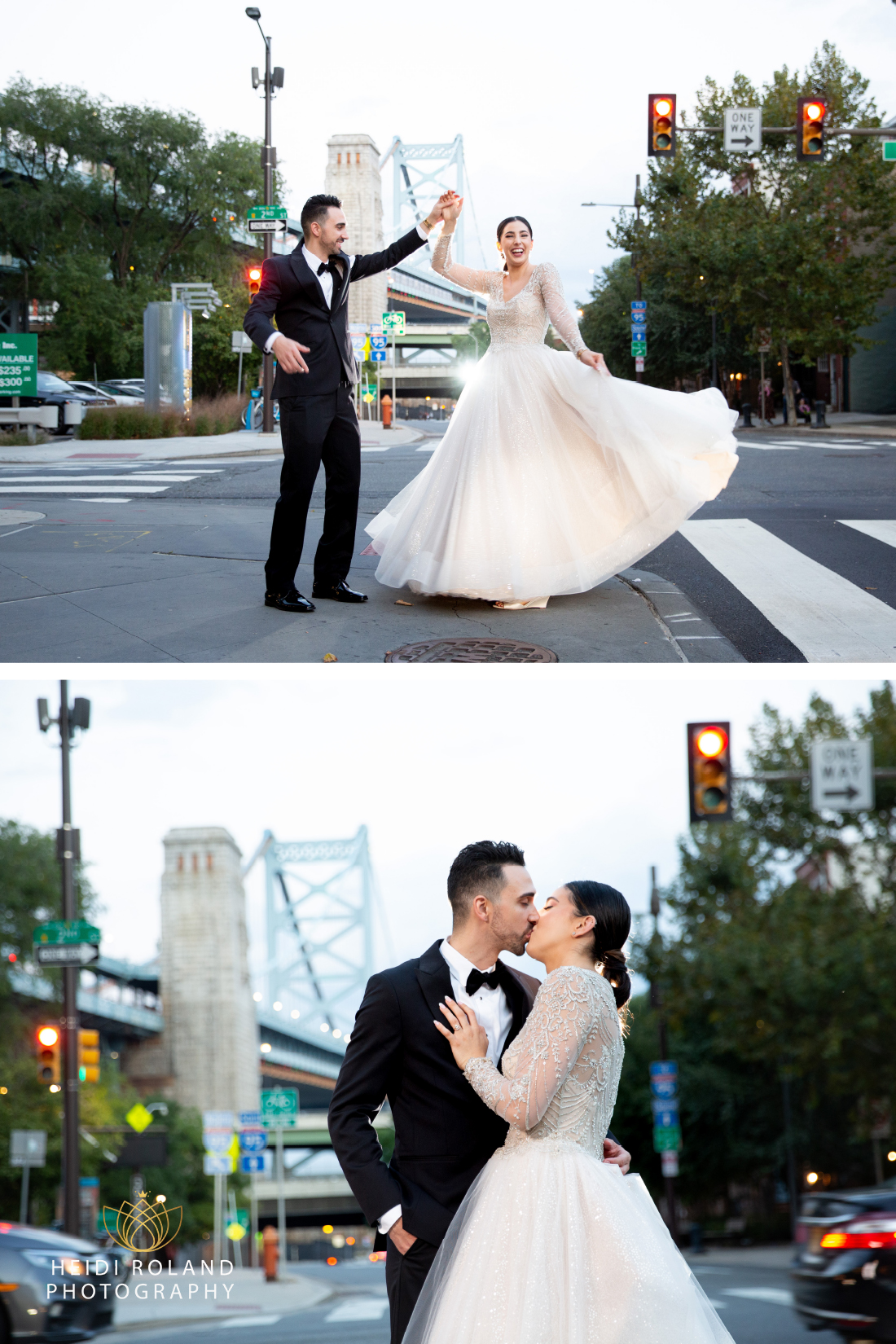 Bride and groom kissing with Ben Franklin Bridge in the background 