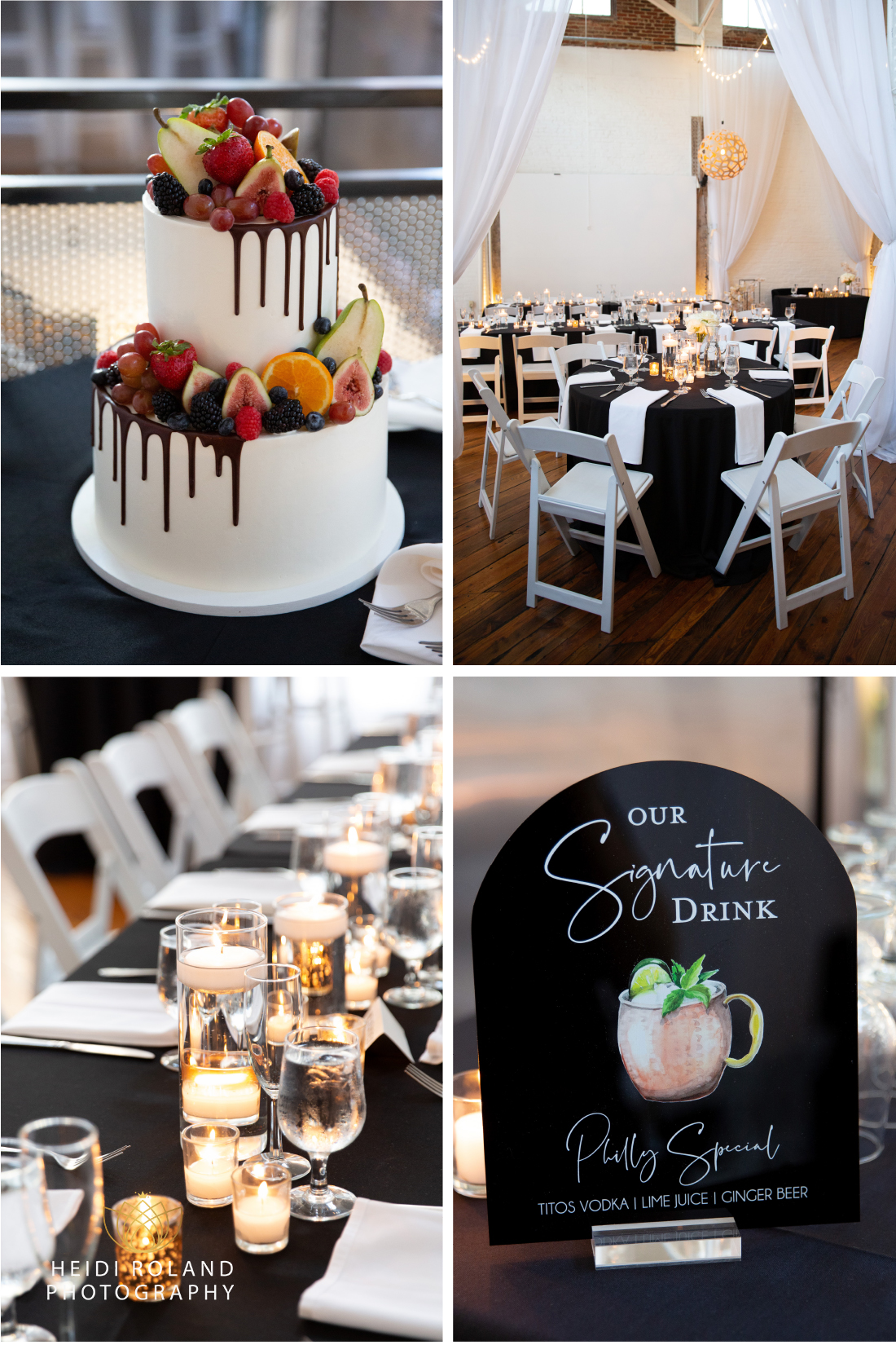Detail of the reception at Power Plant Productions wedding. Wedding cake with fruits and chocolate and a philadelphia signature drink