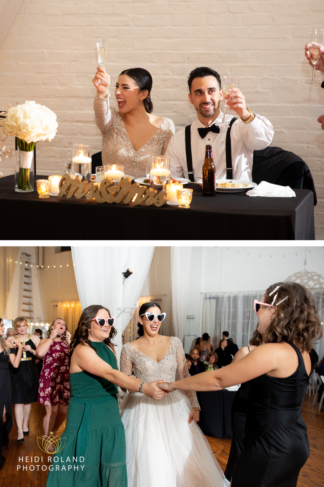 Bride and friends wearing heart shaped glasses on dance floor of philadelphia wedding