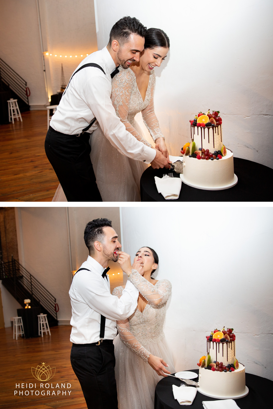 Bride and groom cutting fruit-covered wedding cake from philadelphia bakery