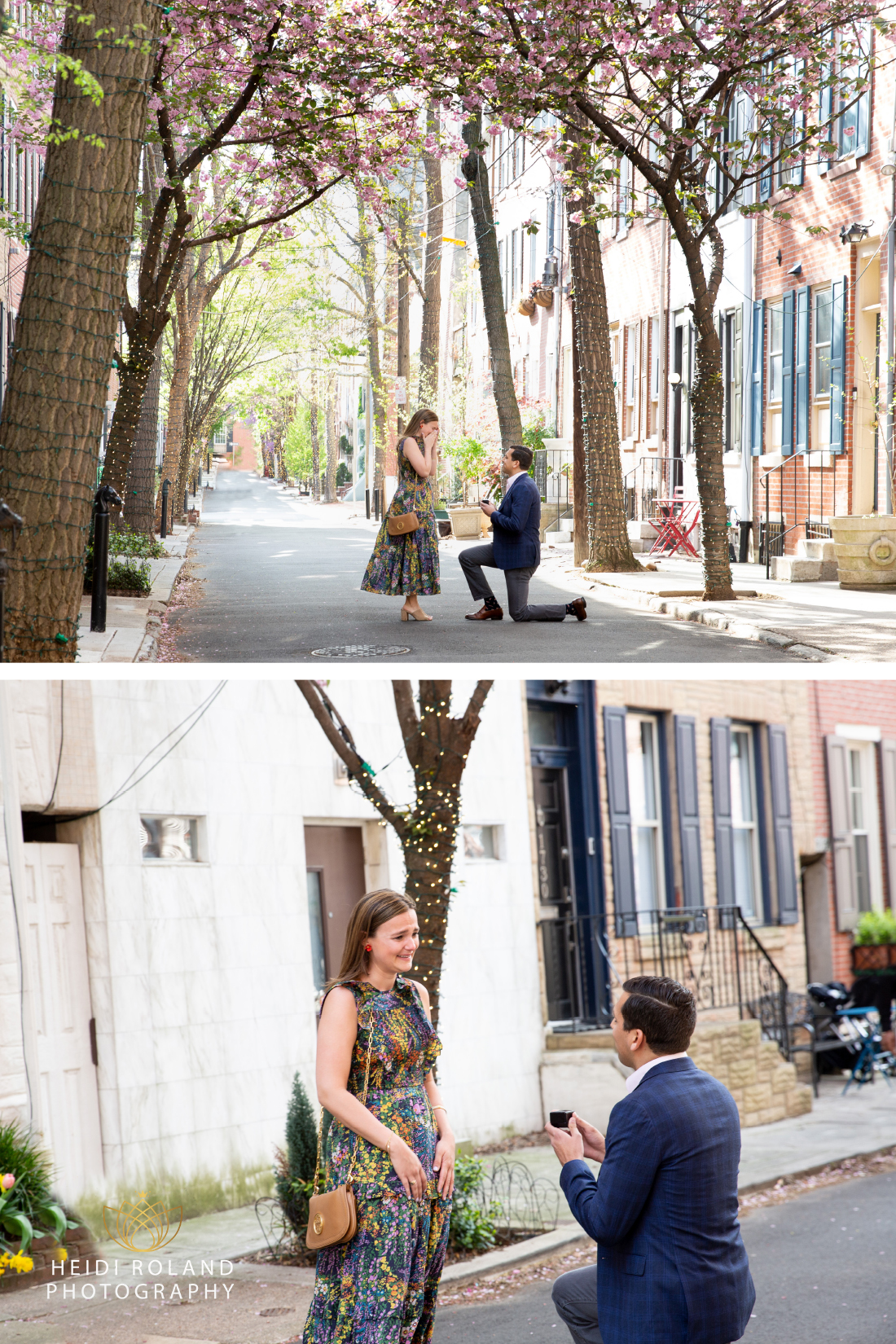 marriage proposal Addison Street Philadelphia with Cherry Blossoms