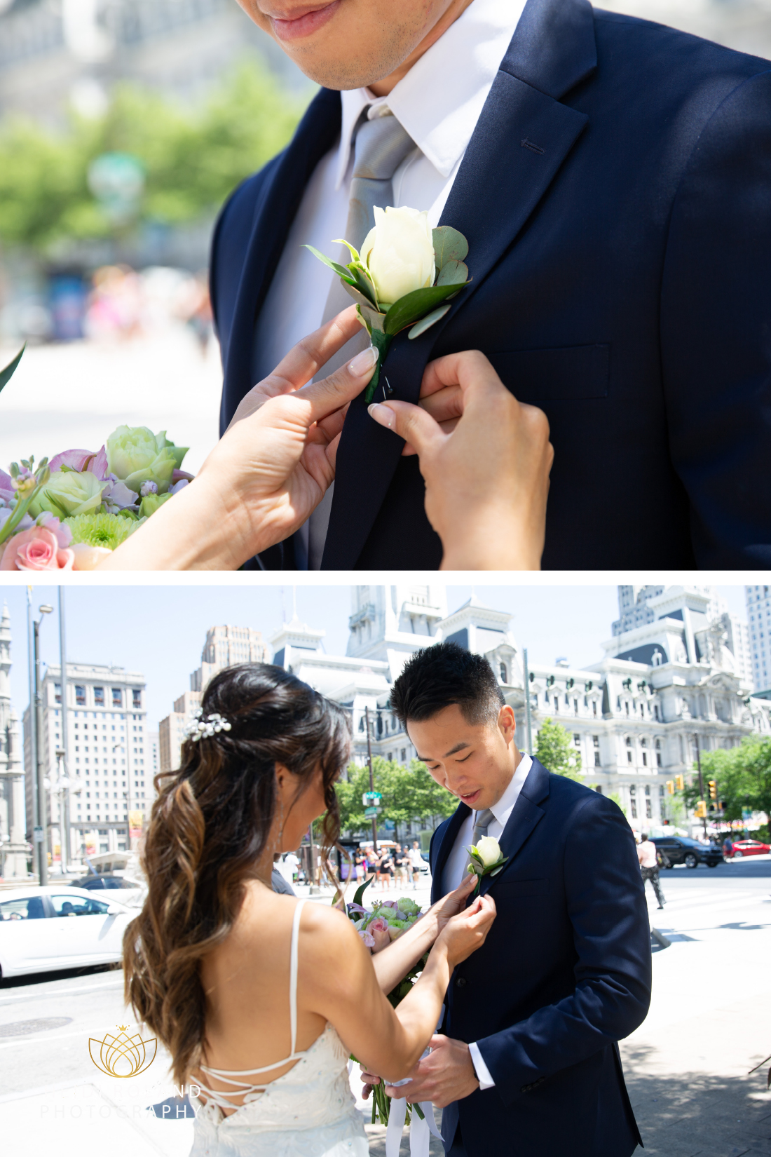 Bride putting boutonnière on groom in Philadelphia LOVE park