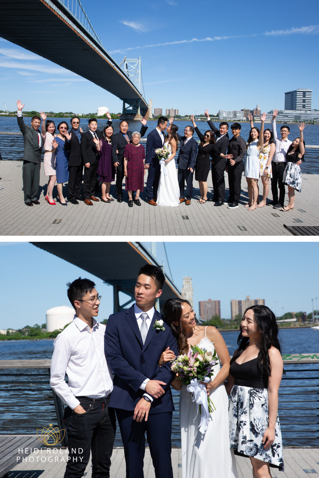 Bride and Groom with their family on Race Street Pier