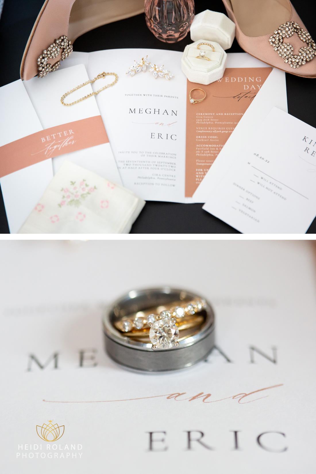 wedding day details including shoes, rings and invitations for cira centre wedding