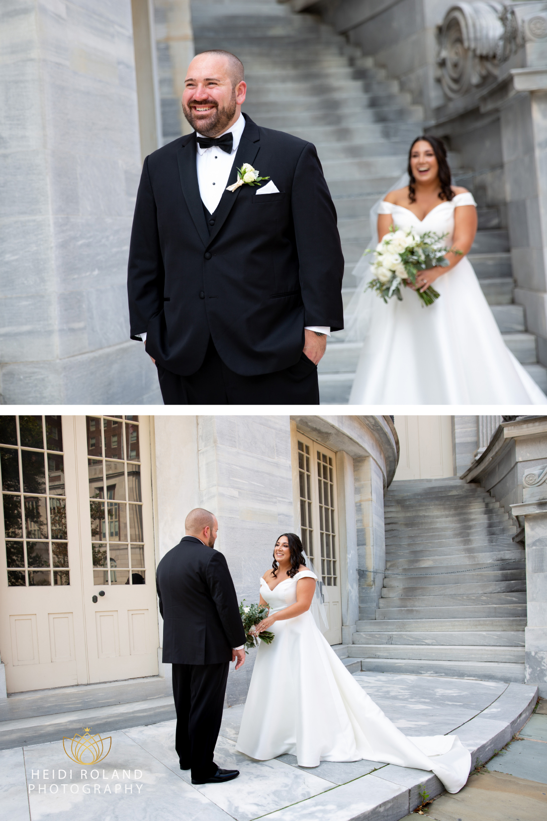Bride and Groom meeting outside merchant exchange in philadelphia for their first look