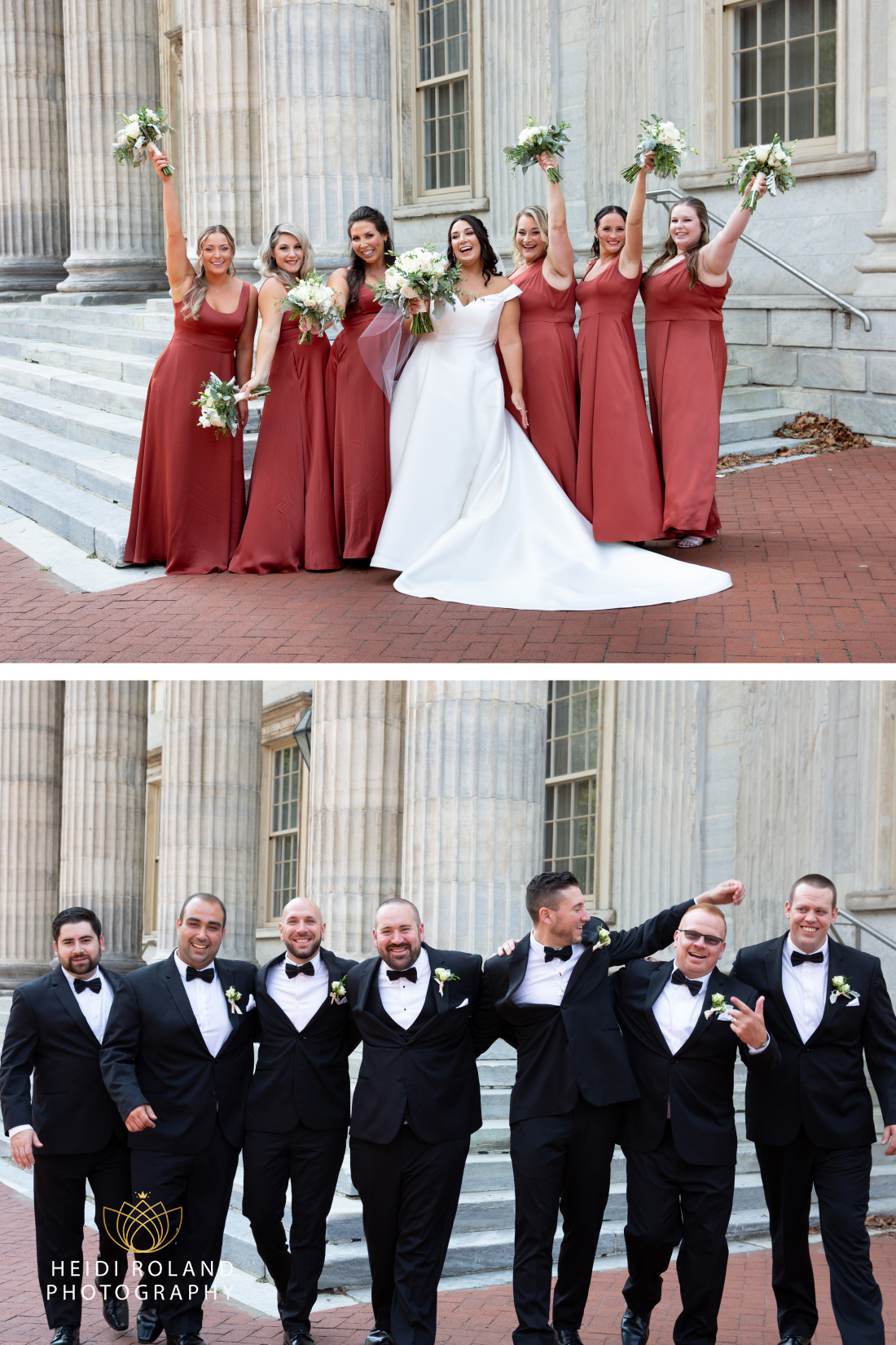 Bride with her bridesmaids and groom with his groomsmen having fun in philadelphia