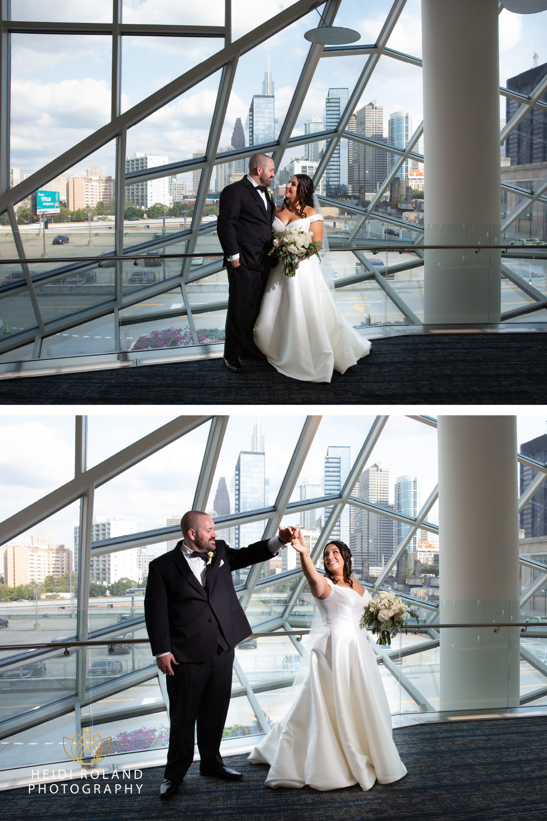 Bride and groom in the Atrium of the Cira Centre in philadelphia with the skyline in the background