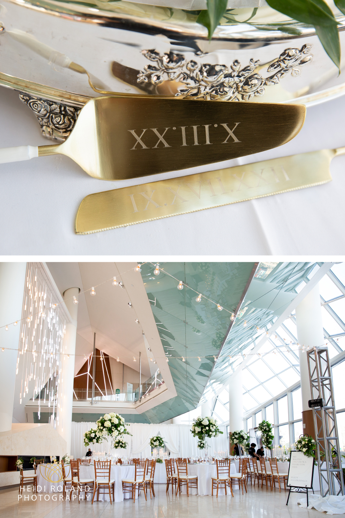 Custom cake cutting knives with wedding date and wedding reception setup at Cira Centre in Philadelphia