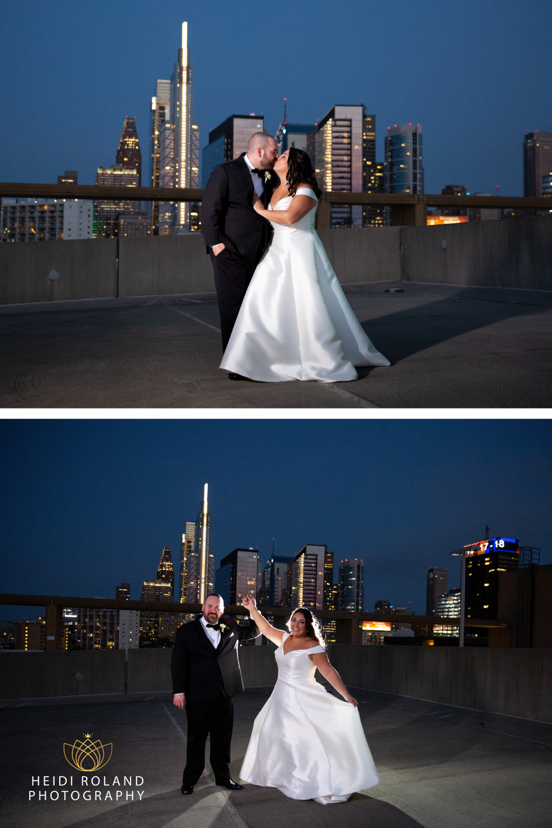 Bride and groom on the rooftop of the Cira Centre at night with philadelphia skyline