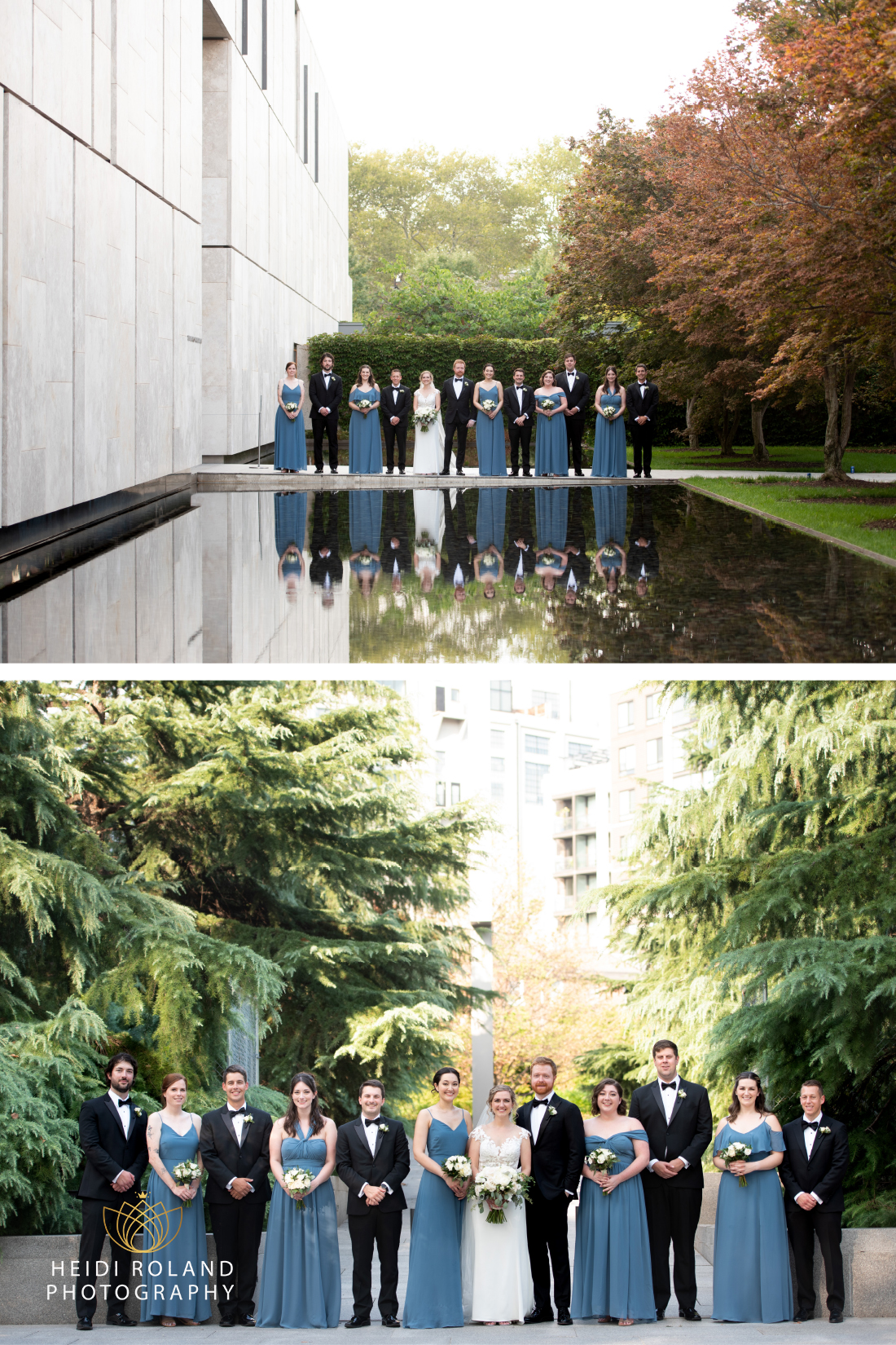 Bride and groom with their wedding party outside The Barnes Foundation in Center City Philadelphia
