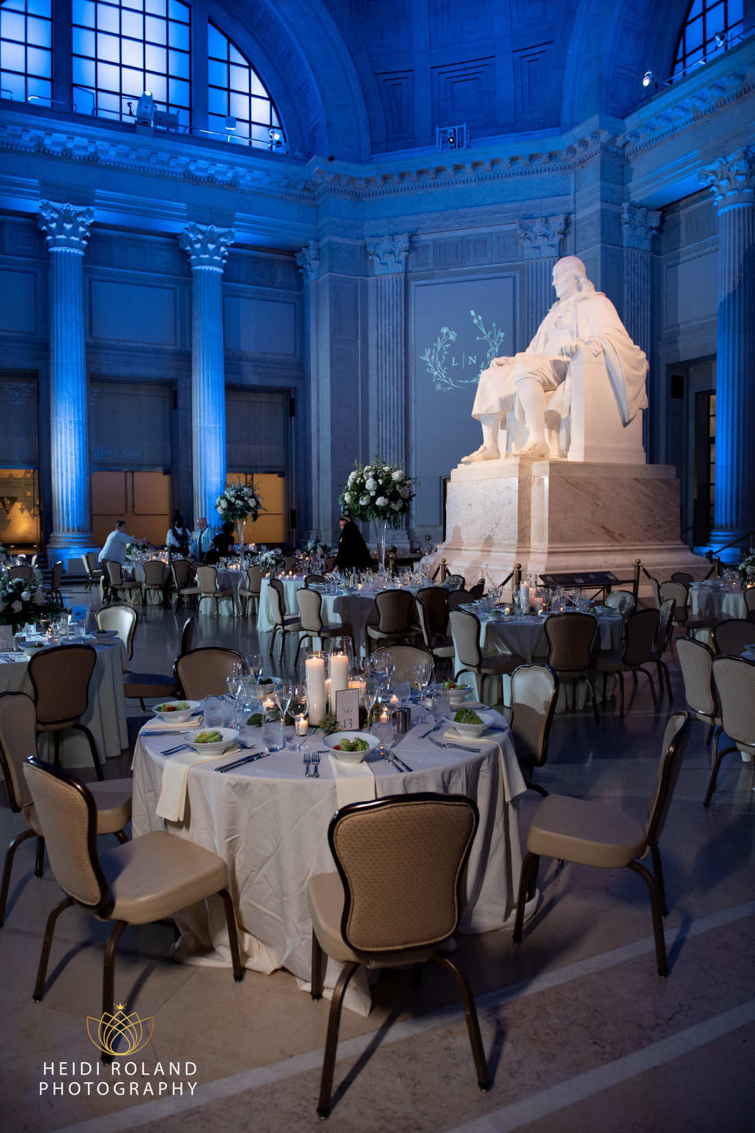 Reception set up in main hall of the Franklin Institute in Philadelphia with Ben Franklin statue